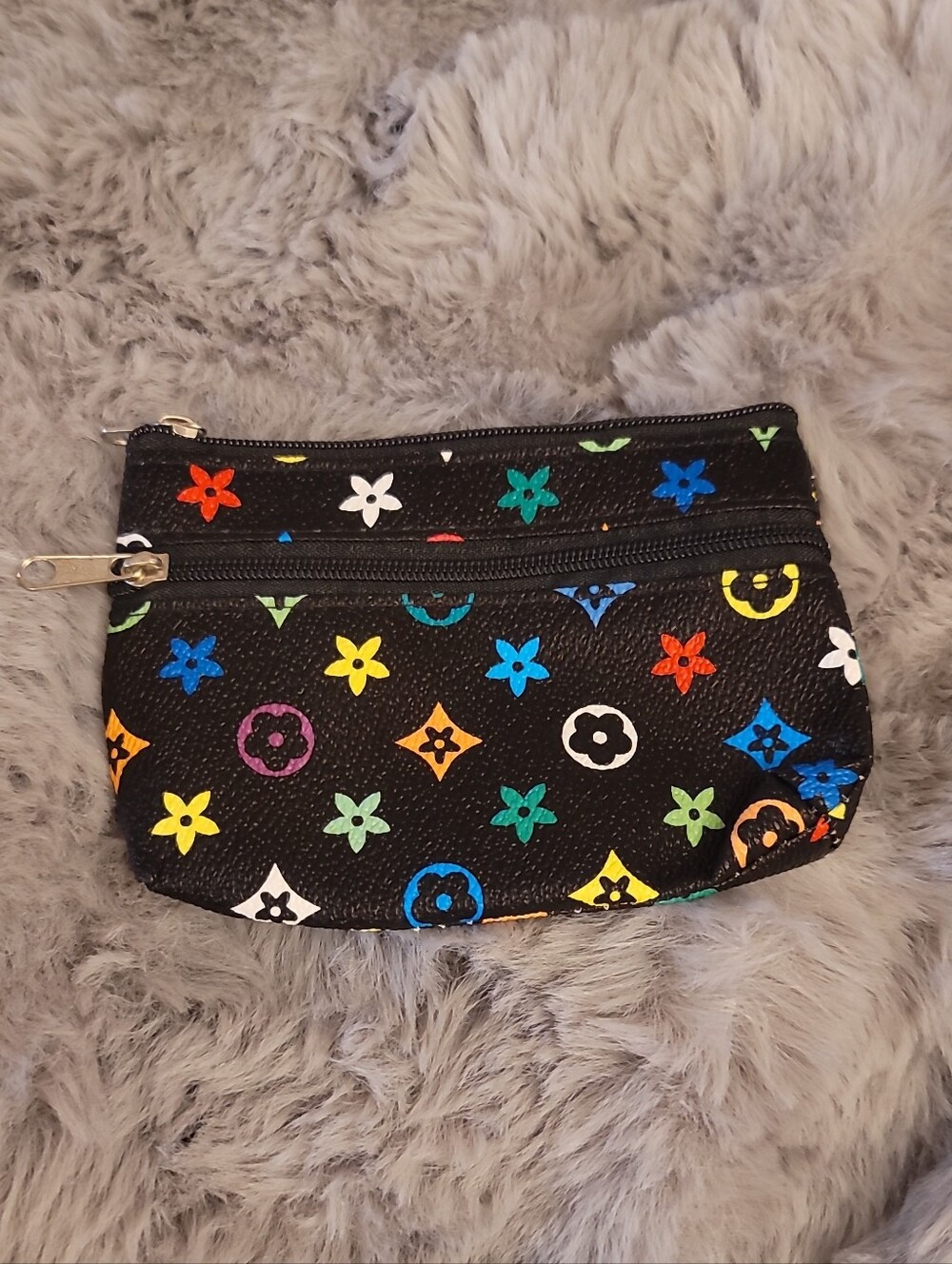 Black Multicolor Floral Cosmetic Pouch with Zip